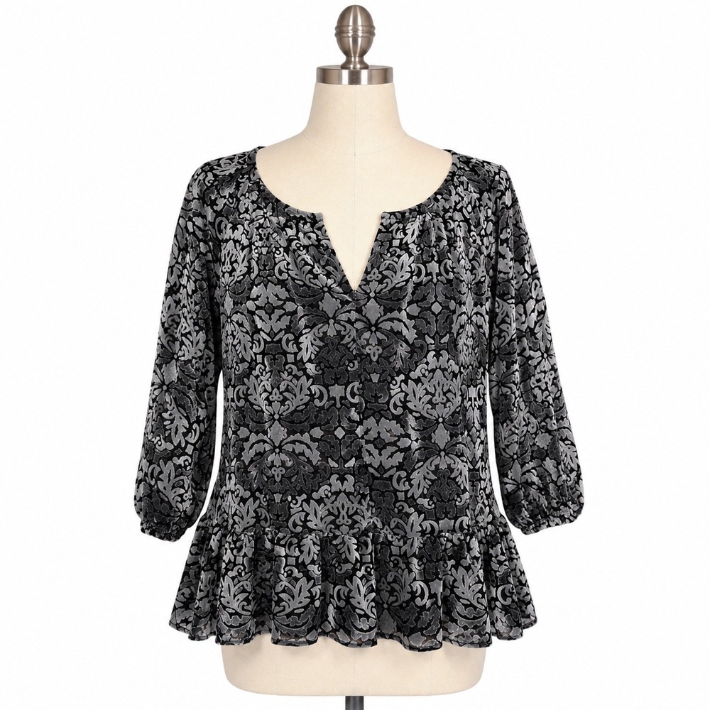 Faded Glory Womens S 4-6 Gray Black Sheer Velvet Burnout Top Boho Goth Witchy